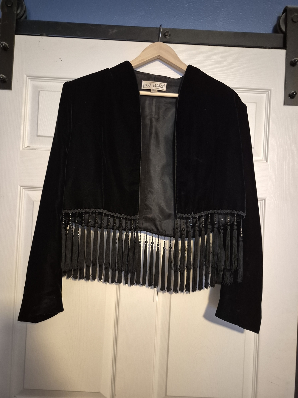 A.J. Bari Black Velvet Fringe Cropped Jacket